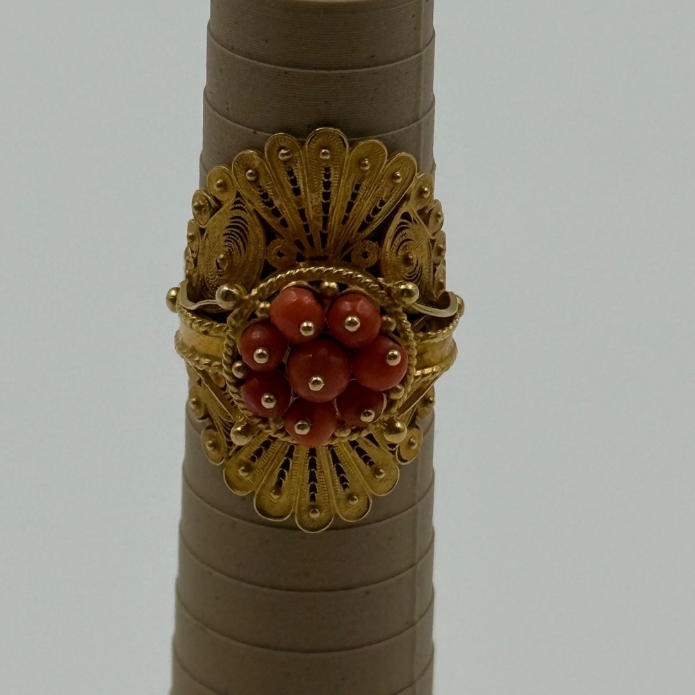 Vintage Gold Tone Filigree Red Coral Cluster Statement Ring Size 7.25